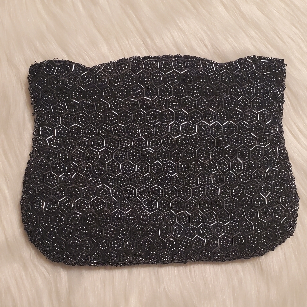Vintage Inspired Beaded Small Clutch Zippered Pouch Handbag In Gun Metal Grey OS